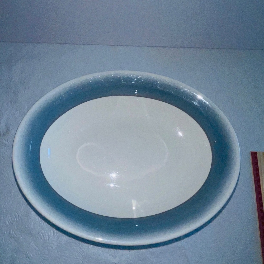 VTG Jackson China Falls Creek PA Oval Platter Serving Bowl Teal Blue Trim